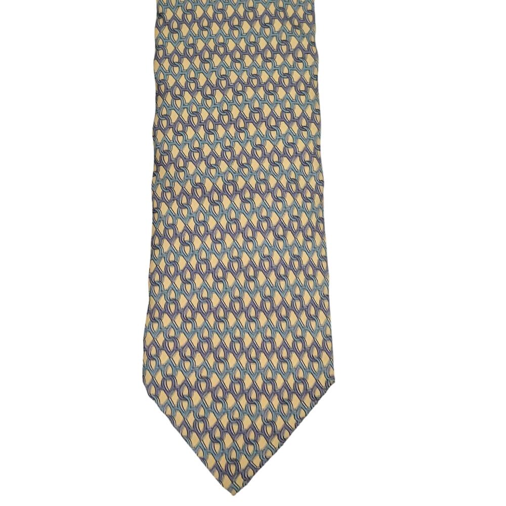 Vintage Hermès 100% Silk Men's Yellow Tie With Blue Shades Of Geometric Designs